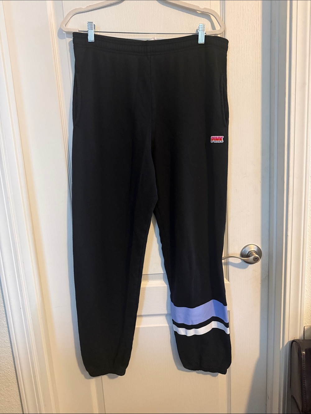 PINK Victoria's Secret Black Sweatpants with Lavender & White Stripes